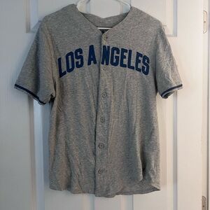 Red Jacket Gray T-Shirt with Blue Logo